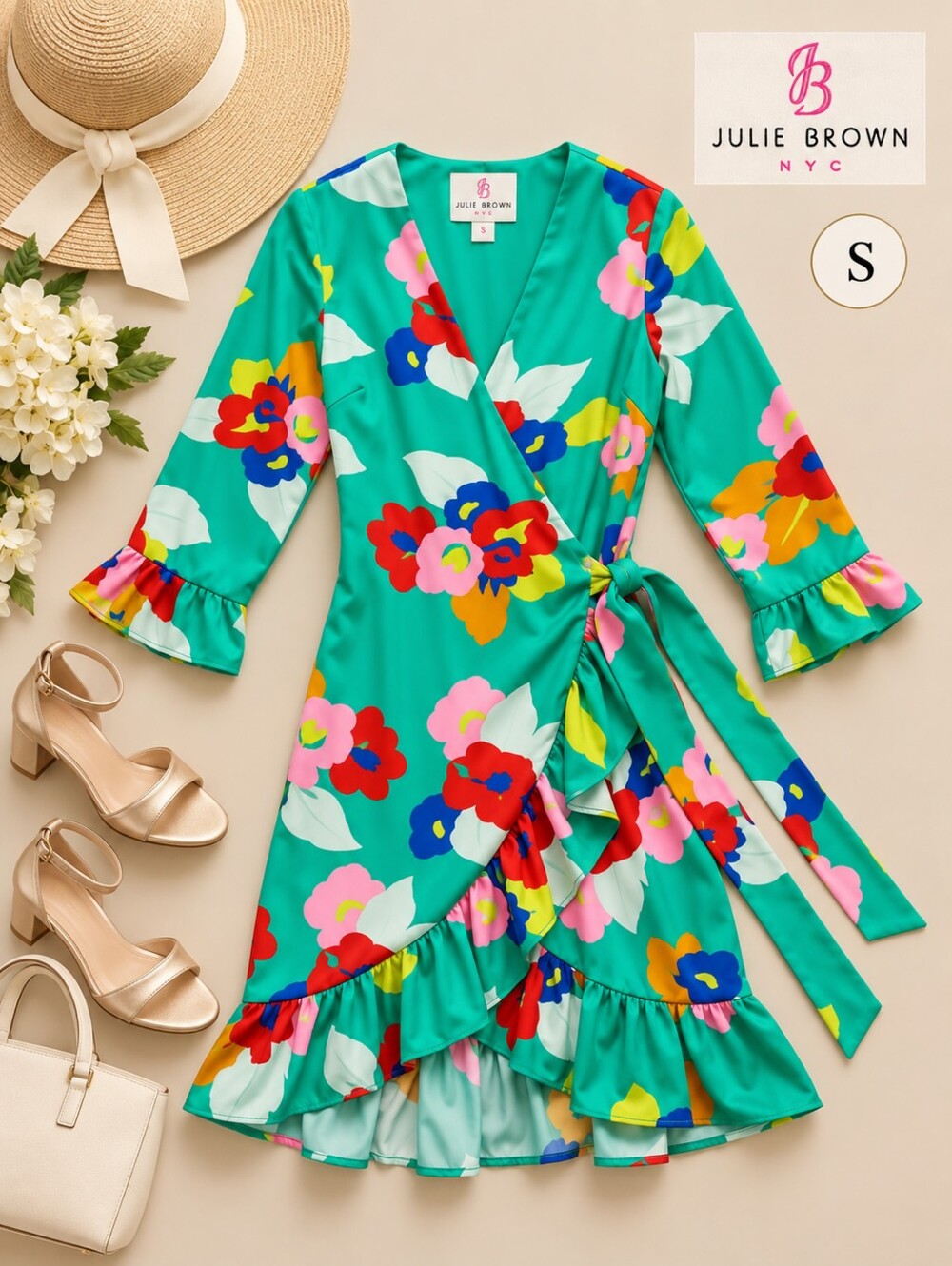EUC Julie Brown Vibrant Green Floral 3/4 Sleeve Wrap Dress w/Ruffled Hemline, S